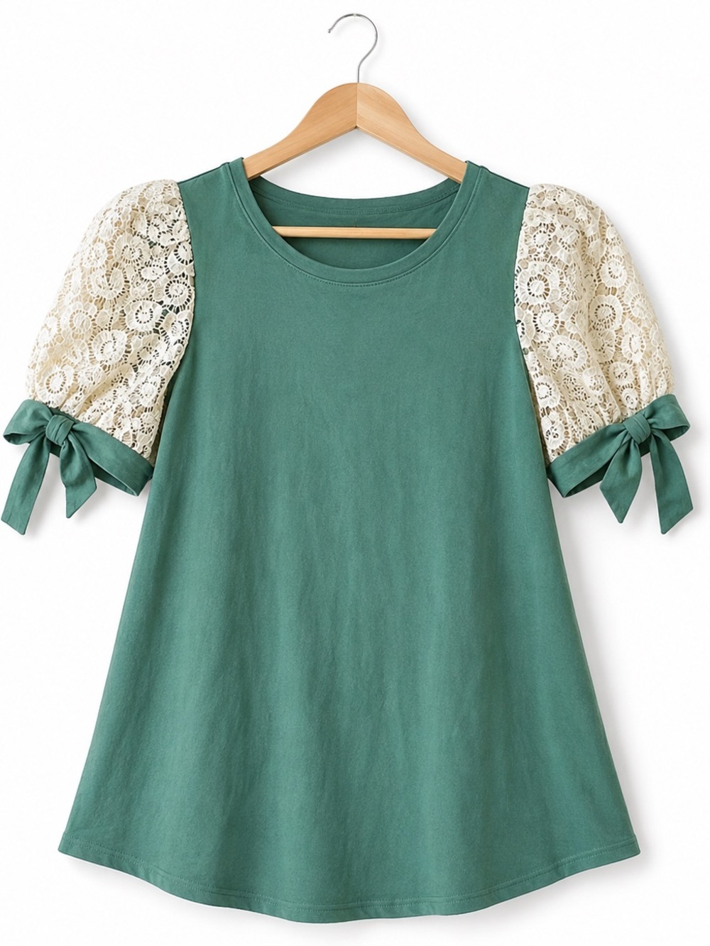 Tokyo Fashion Green Top M Crochet Lace Puff Sleeve Tie Bow Cottagecore shirt NWT